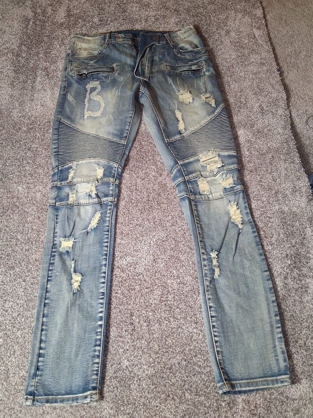 Pierre Balmain Paris Blue Distressed Biker Denim Jeans Moto Ribbed Slim Sz 4